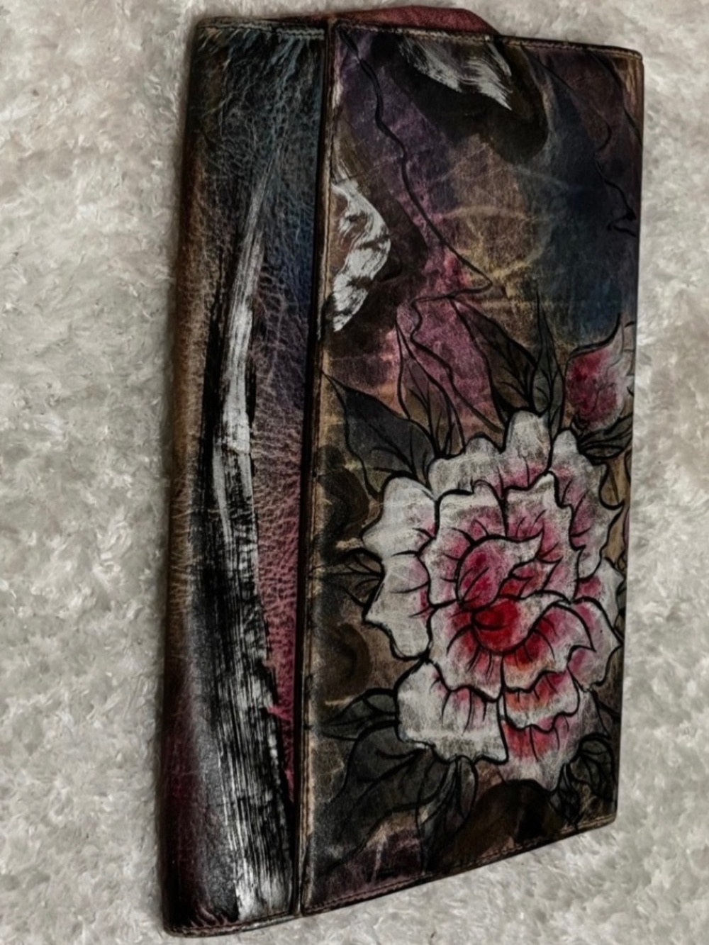 Jane Yoo Hand-painted Floral Leather Clutch Magnetic Closure
